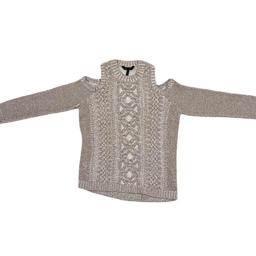 BCBGMAXAZRIA Metallic Cold-Shoulder Cable Knit Sweater